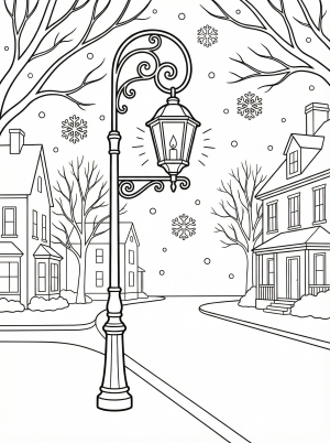 A lone figure with an umbrella stands under a glowing streetlight as snow gently falls in a quiet, lofi aesthetic neighborhood scene.