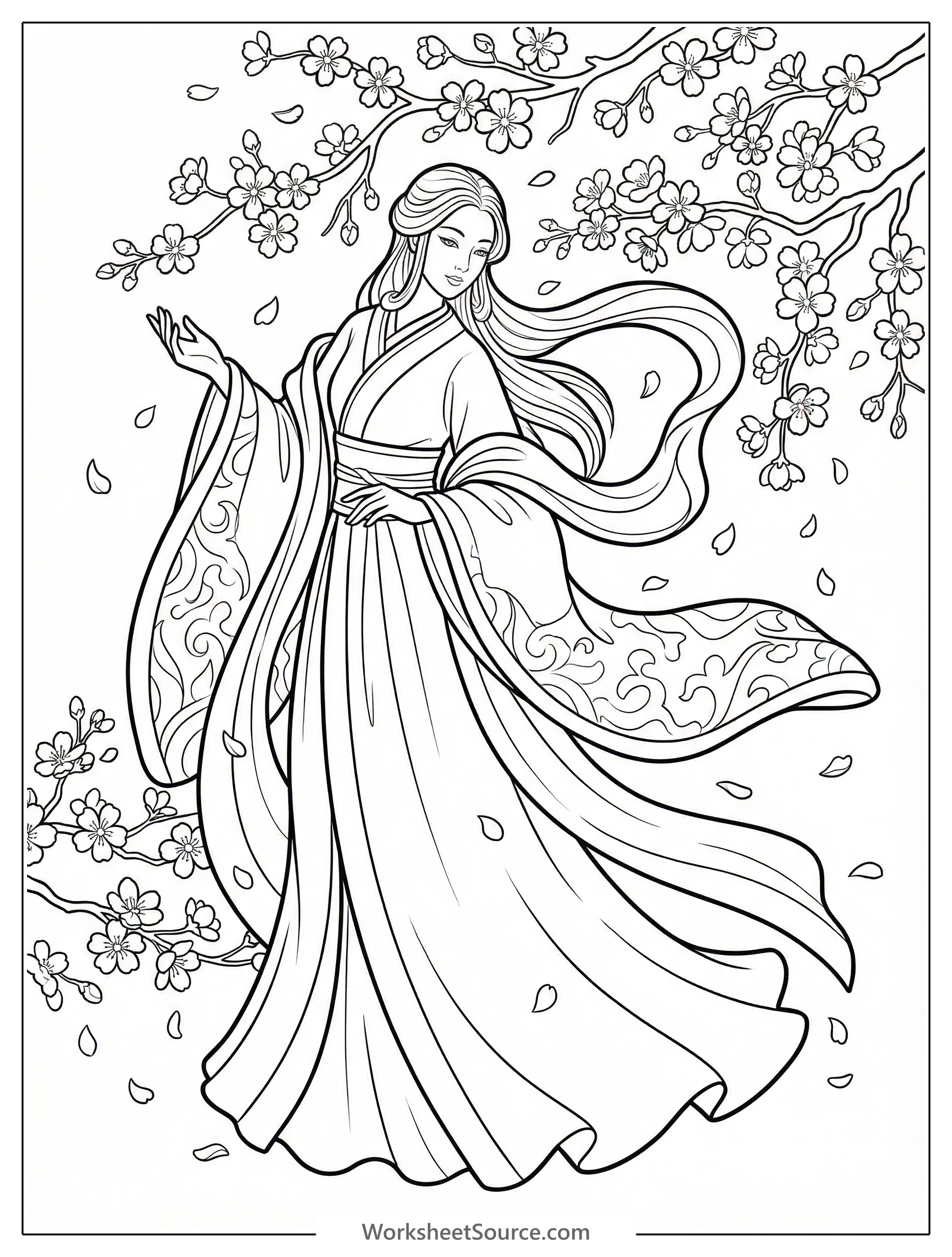 Lofi aesthetic coloring page depicting a serene scene with a main subject and abundant cherry blossom petals drifting gracefully in a soft breeze.