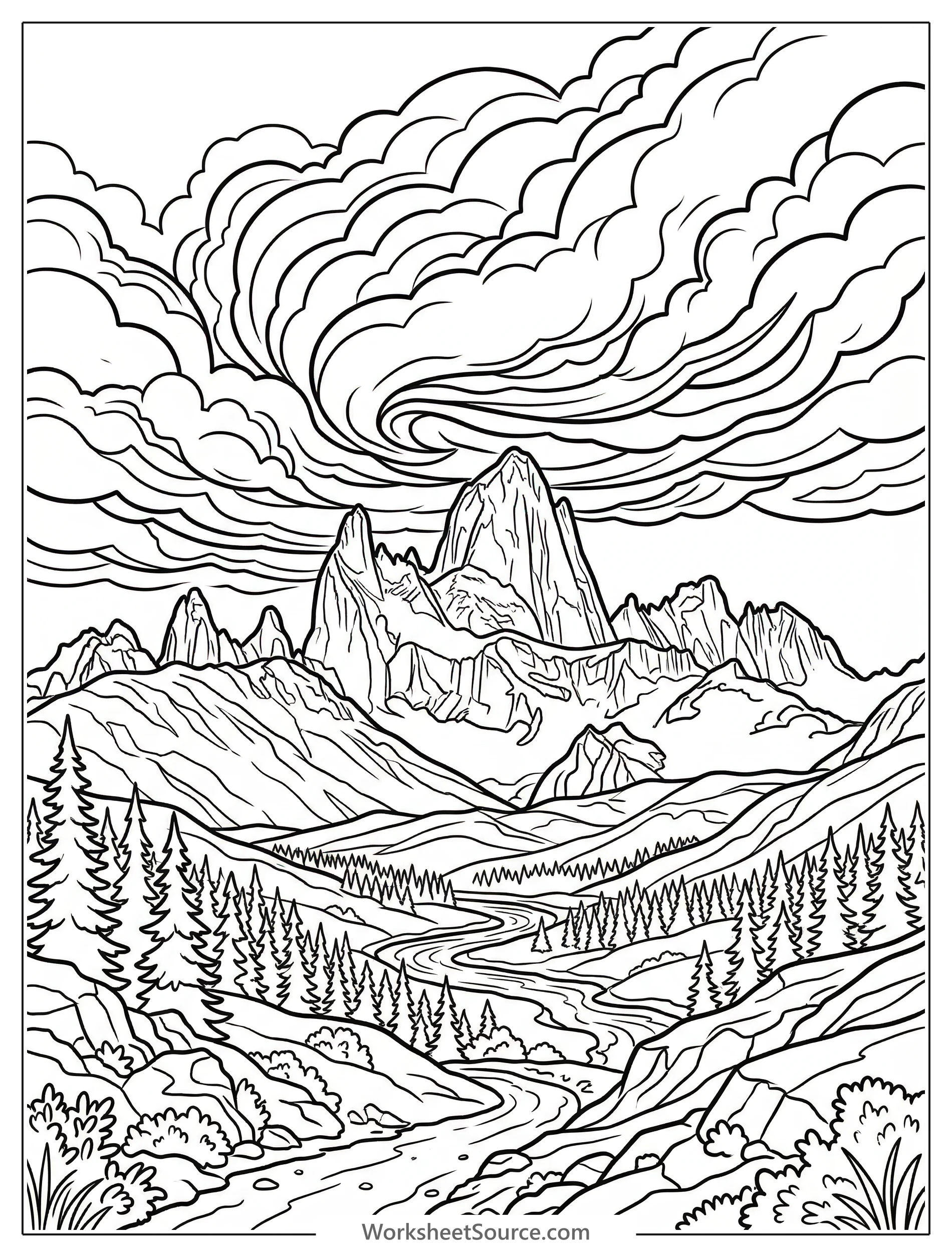 An uncolored line art illustration in a lofi aesthetic style depicting dark, heavy storm clouds gathering dramatically over a serene landscape with distant hills.