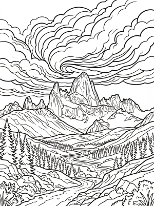 An uncolored line art illustration in a lofi aesthetic style depicting dark, heavy storm clouds gathering dramatically over a serene landscape with distant hills.