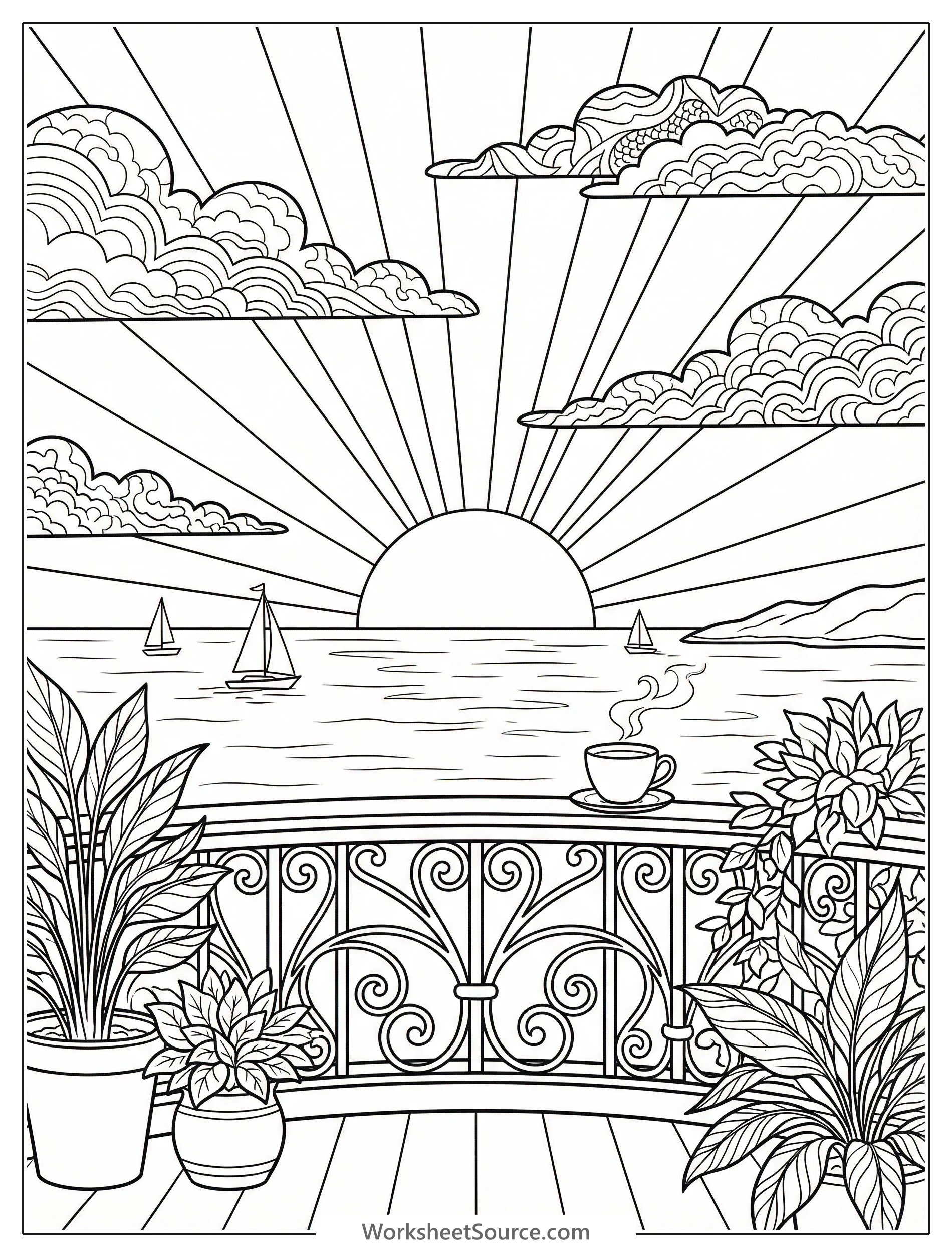 Digital coloring page depicting a vibrant lofi aesthetic sunset over a calm ocean, viewed from a balcony with railings. Tranquil and relaxing scene.