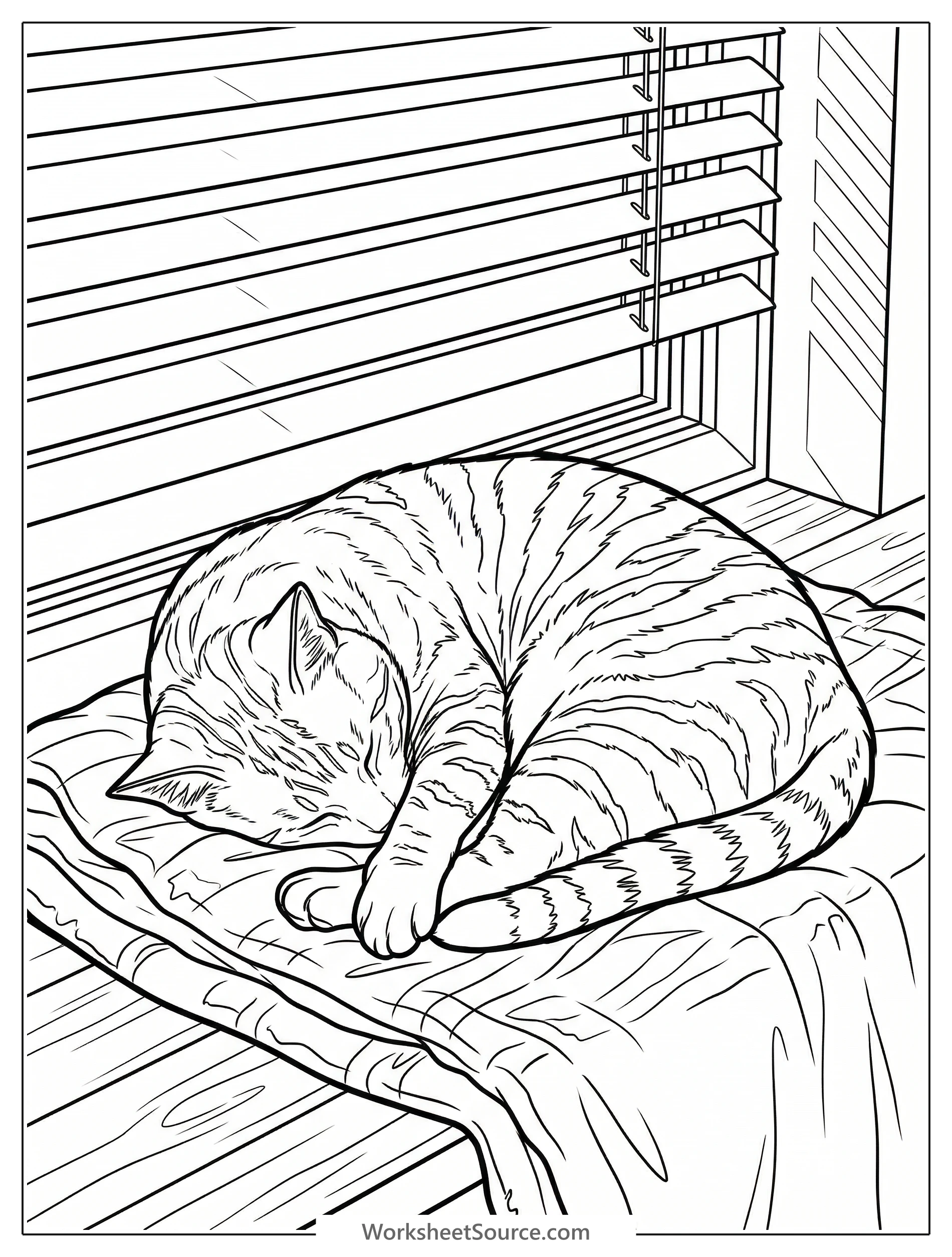 Aesthetic coloring page depicting sharp, striped sunbeams streaming through window blinds, casting dramatic shadows and light in a lofi atmosphere.