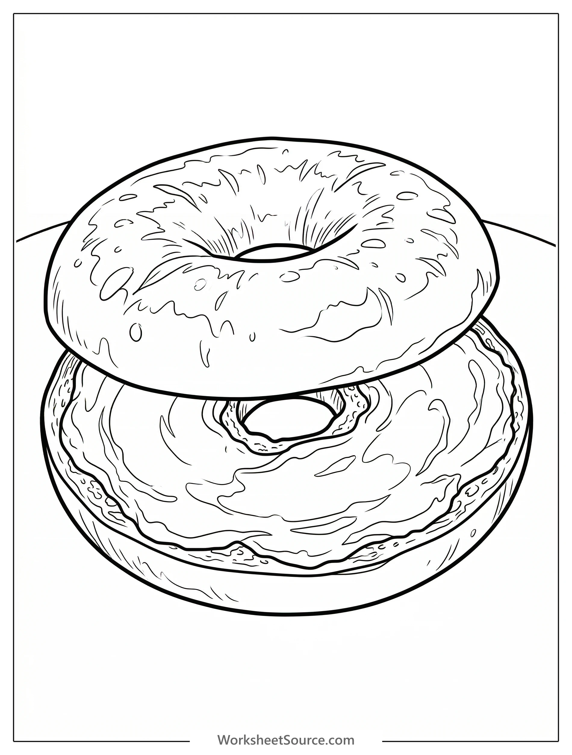 A detailed, lofi aesthetic line art illustration of a perfectly toasted bagel generously spread with cream cheese, ready for coloring.