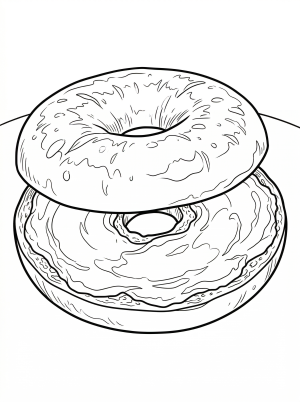 A detailed, lofi aesthetic line art illustration of a perfectly toasted bagel generously spread with cream cheese, ready for coloring.