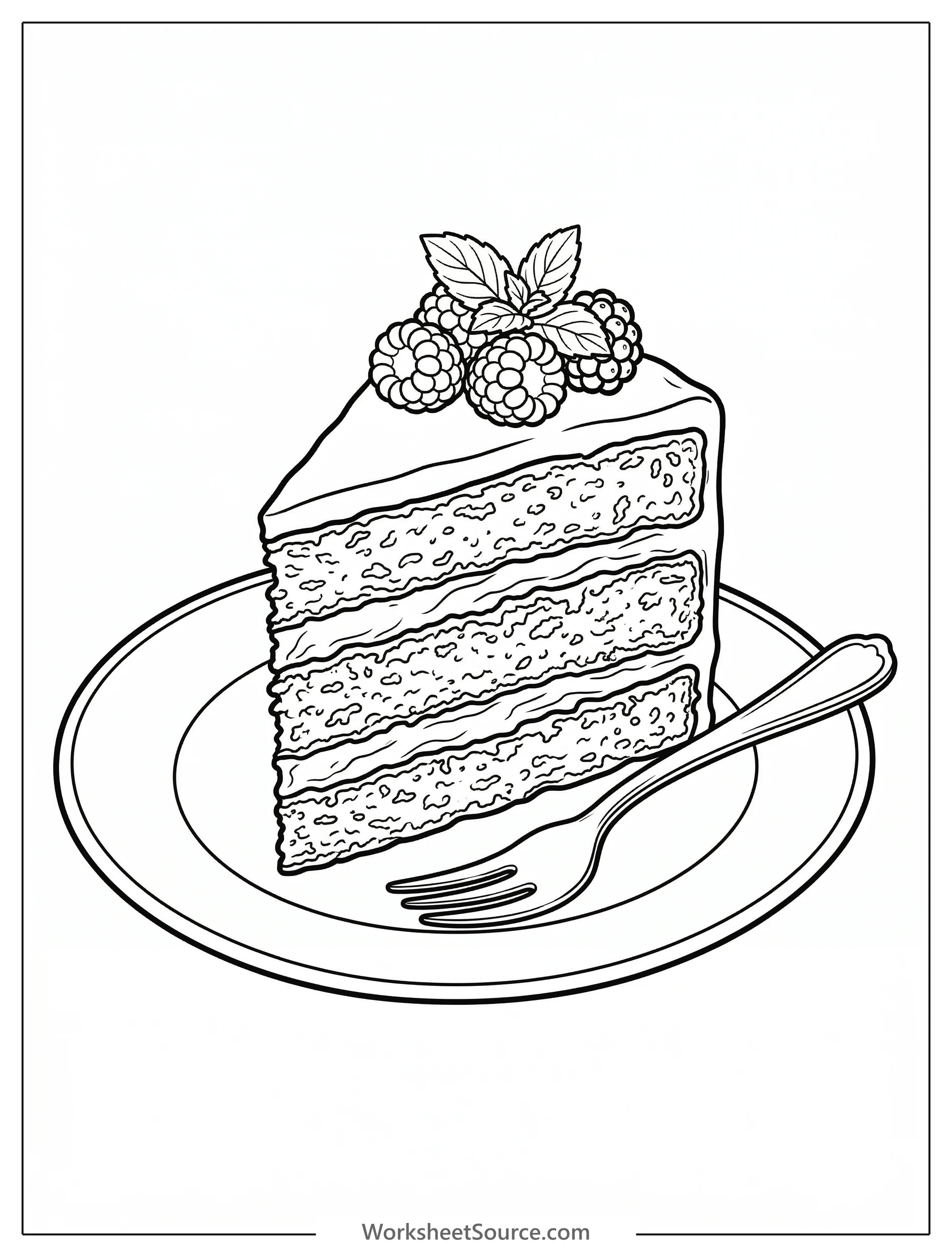Illustration of a layered cake slice on a plate with a fork, rendered in a lofi aesthetic style, ready for coloring by teens and adults.