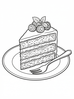 Illustration of a layered cake slice on a plate with a fork, rendered in a lofi aesthetic style, ready for coloring by teens and adults.