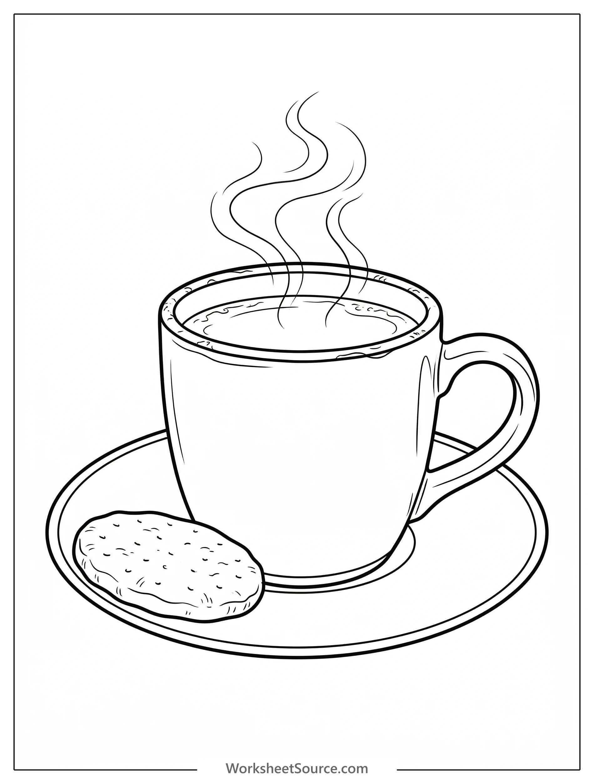 Line art of a steaming cup of chai tea with a heart design on the cup, accompanied by a small biscuit on a saucer, rendered in a lofi aesthetic style.