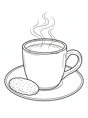 Line art of a steaming cup of chai tea with a heart design on the cup, accompanied by a small biscuit on a saucer, rendered in a lofi aesthetic style.