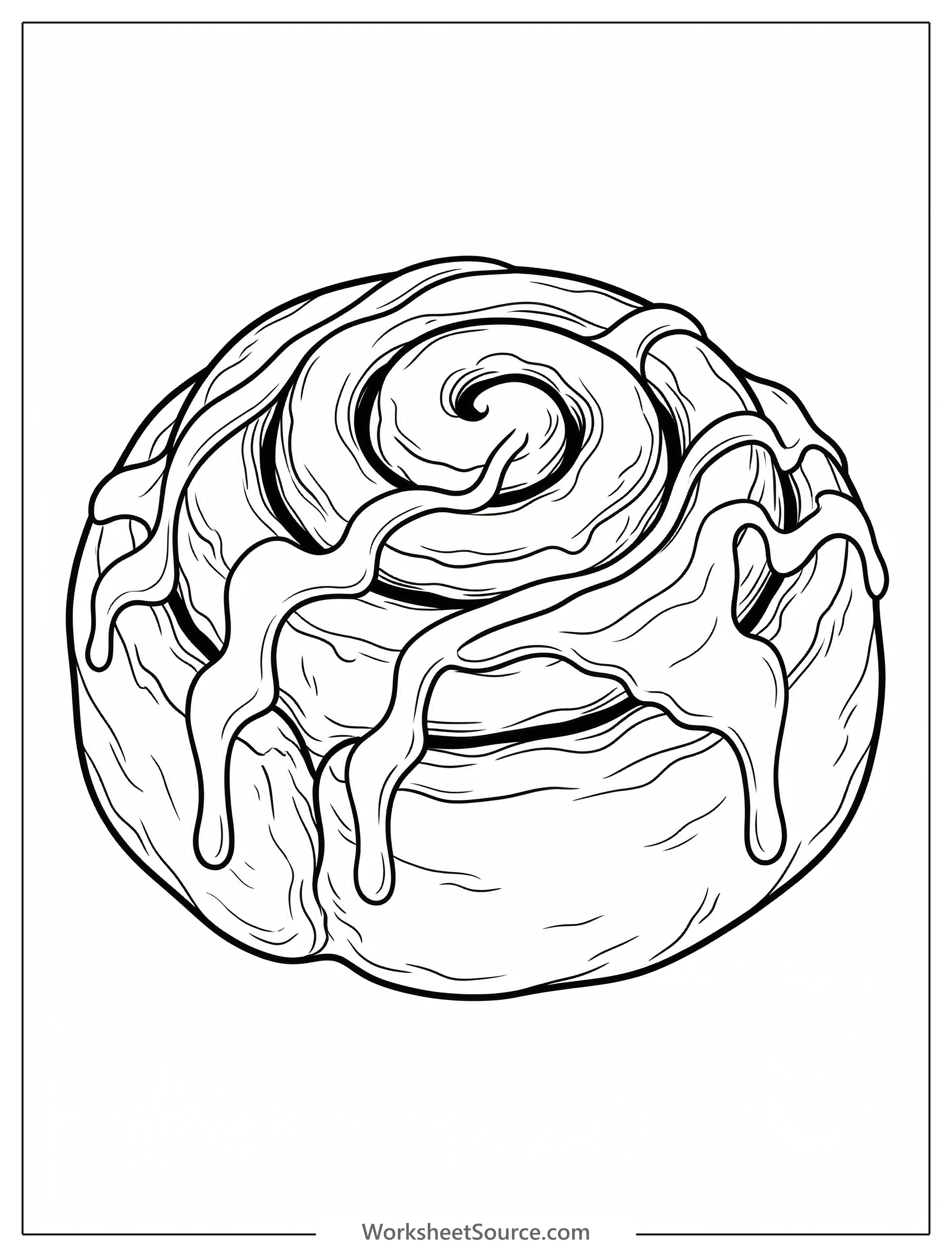 Detailed line art of a swirled cinnamon roll with generous glaze dripping down, presented in a cozy lofi aesthetic style, ready for coloring.