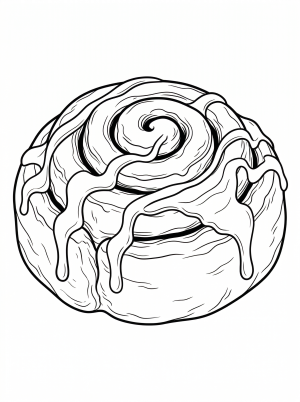 Detailed line art of a swirled cinnamon roll with generous glaze dripping down, presented in a cozy lofi aesthetic style, ready for coloring.