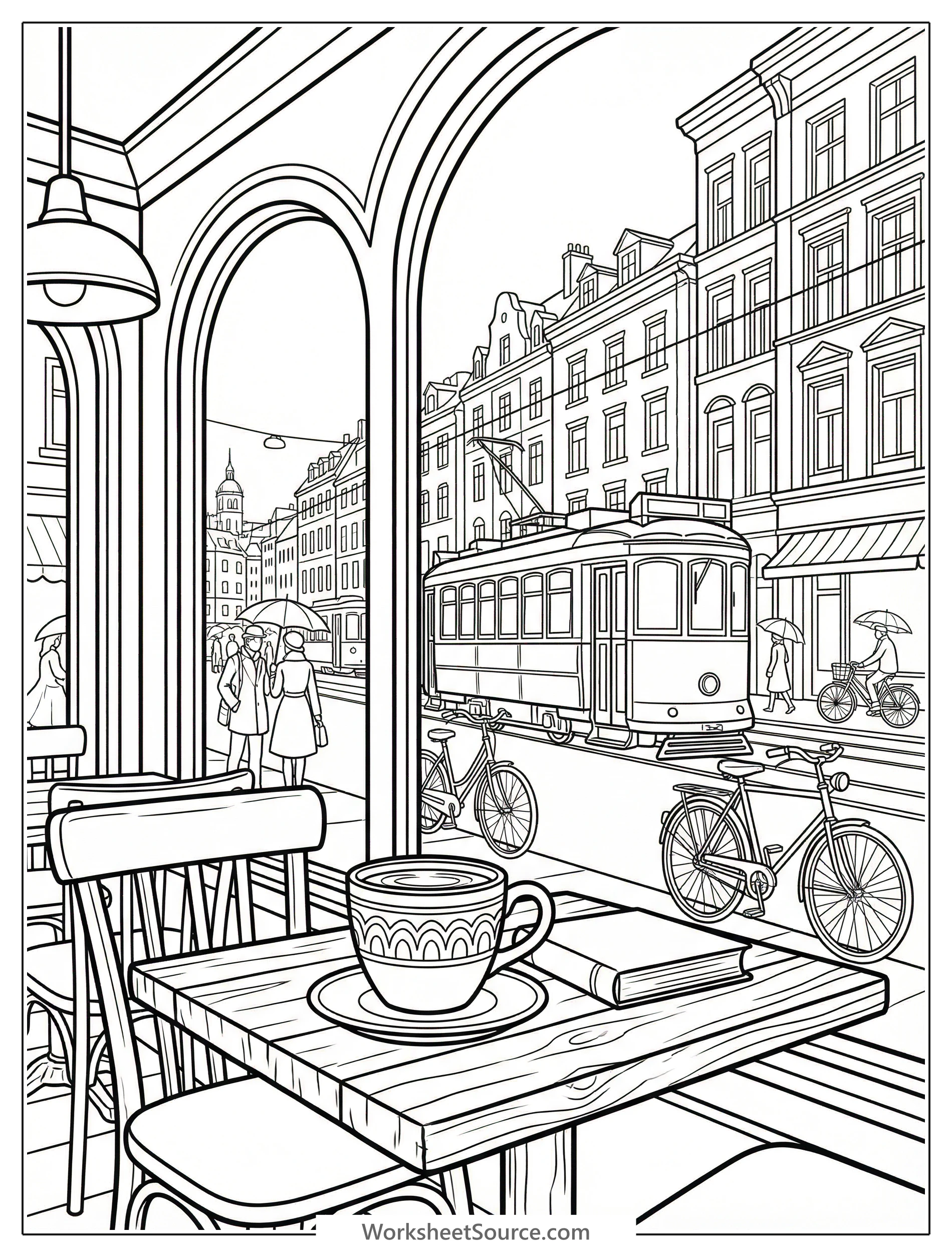 Lofi aesthetic coloring page depicting an interior view from a cozy cafe window looking out onto a bustling city street scene with cars, pedestrians, and urban architecture.