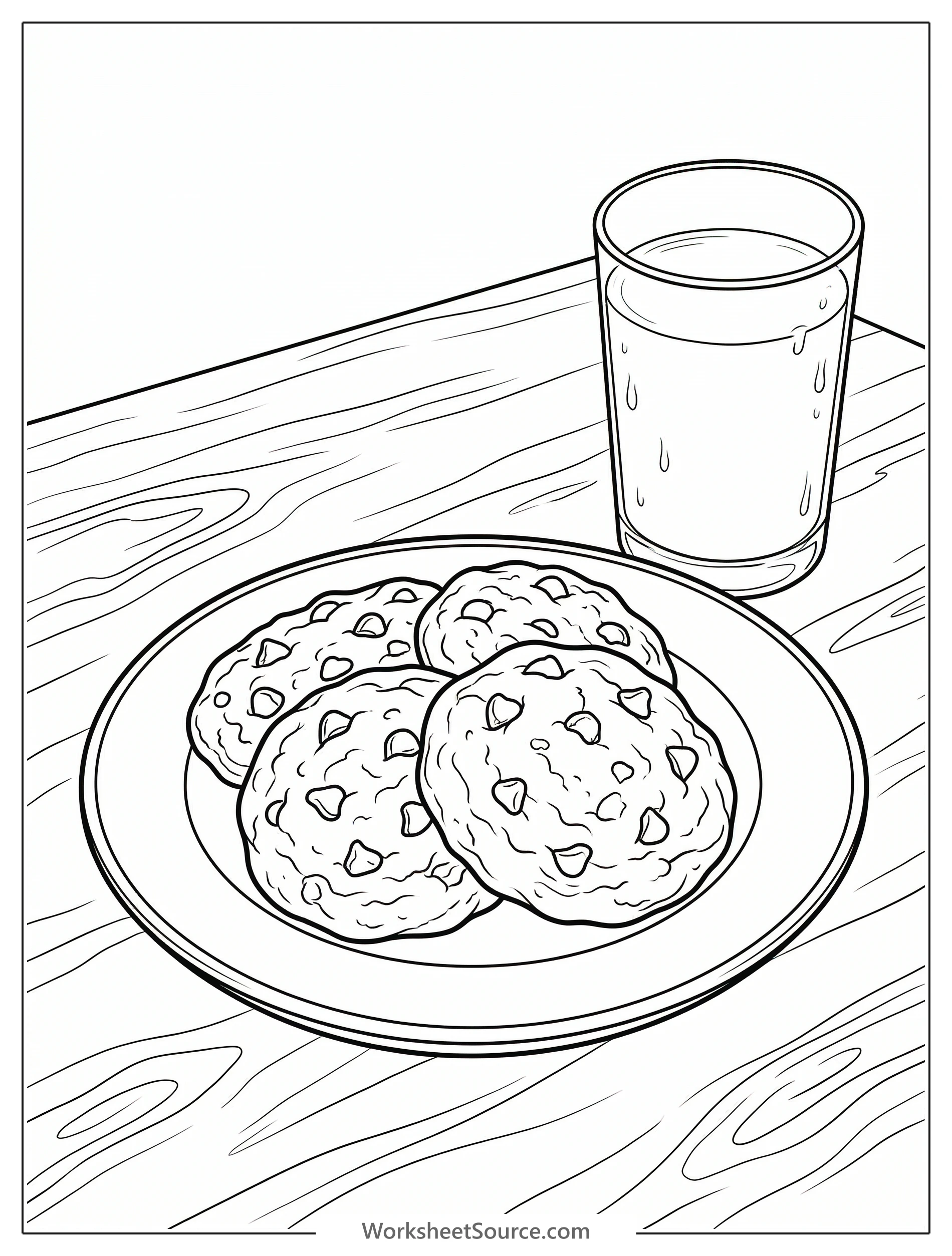 A Lofi aesthetic coloring page showing a plate of three chocolate chip cookies next to a tall glass of milk, all resting on a simple surface.