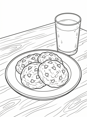 A Lofi aesthetic coloring page showing a plate of three chocolate chip cookies next to a tall glass of milk, all resting on a simple surface.