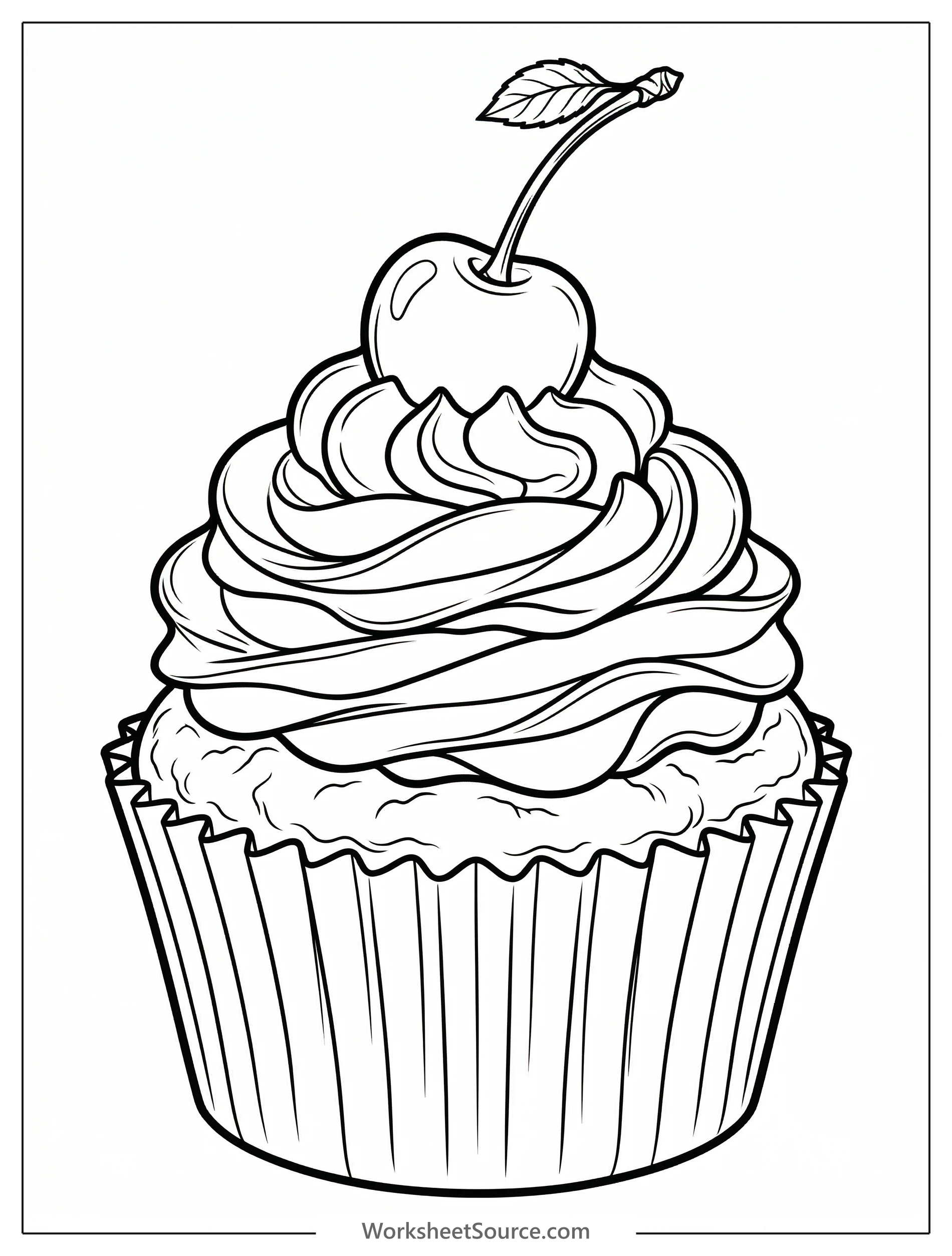 Line art illustration of a single fancy cupcake with a tall swirl of frosting, topped with a cherry. Detailed for adult coloring.