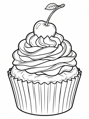 Line art illustration of a single fancy cupcake with a tall swirl of frosting, topped with a cherry. Detailed for adult coloring.