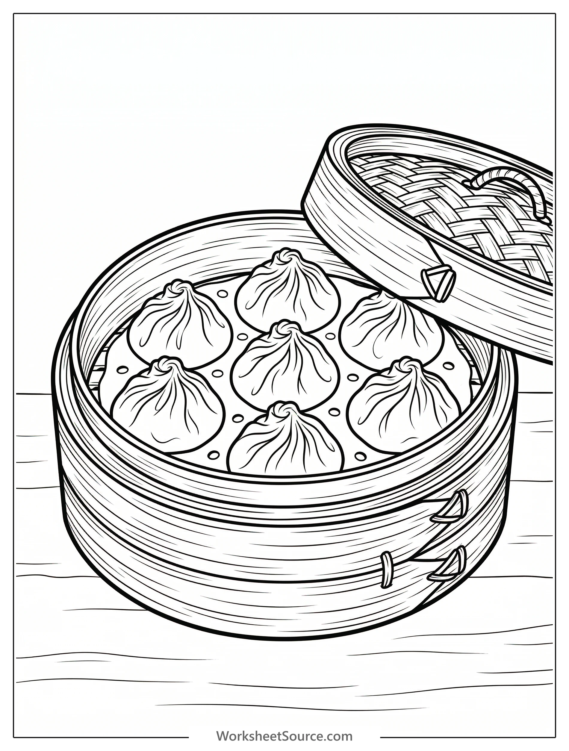 An intricate Lofi aesthetic coloring page featuring a stack of bamboo steamers with delicate dumplings peeking out, emanating soft steam, perfect for mindful art.