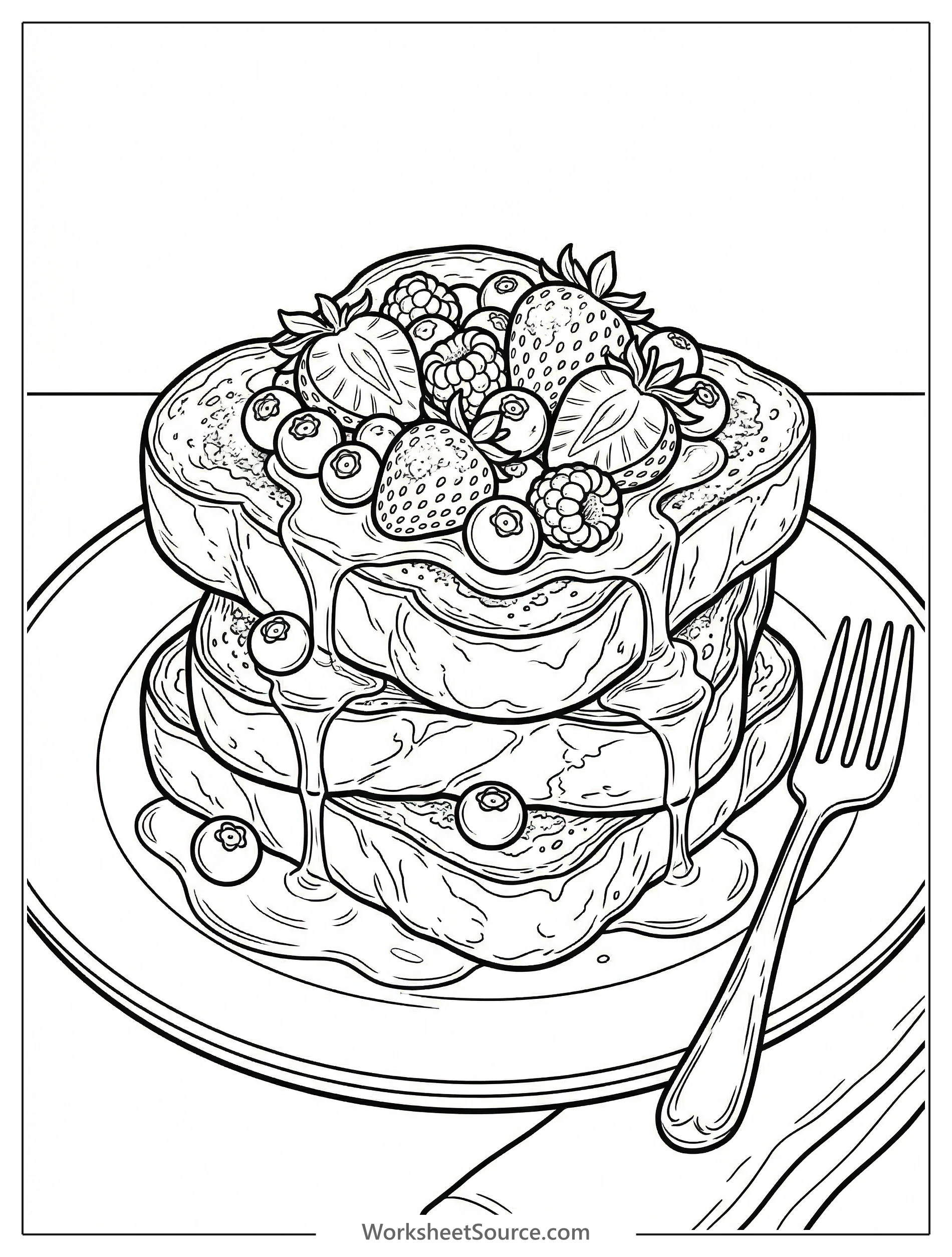 A detailed, lofi aesthetic coloring page showcasing a stack of fluffy french toast, generously topped with various berries and drizzled with syrup.