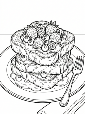 A detailed, lofi aesthetic coloring page showcasing a stack of fluffy french toast, generously topped with various berries and drizzled with syrup.