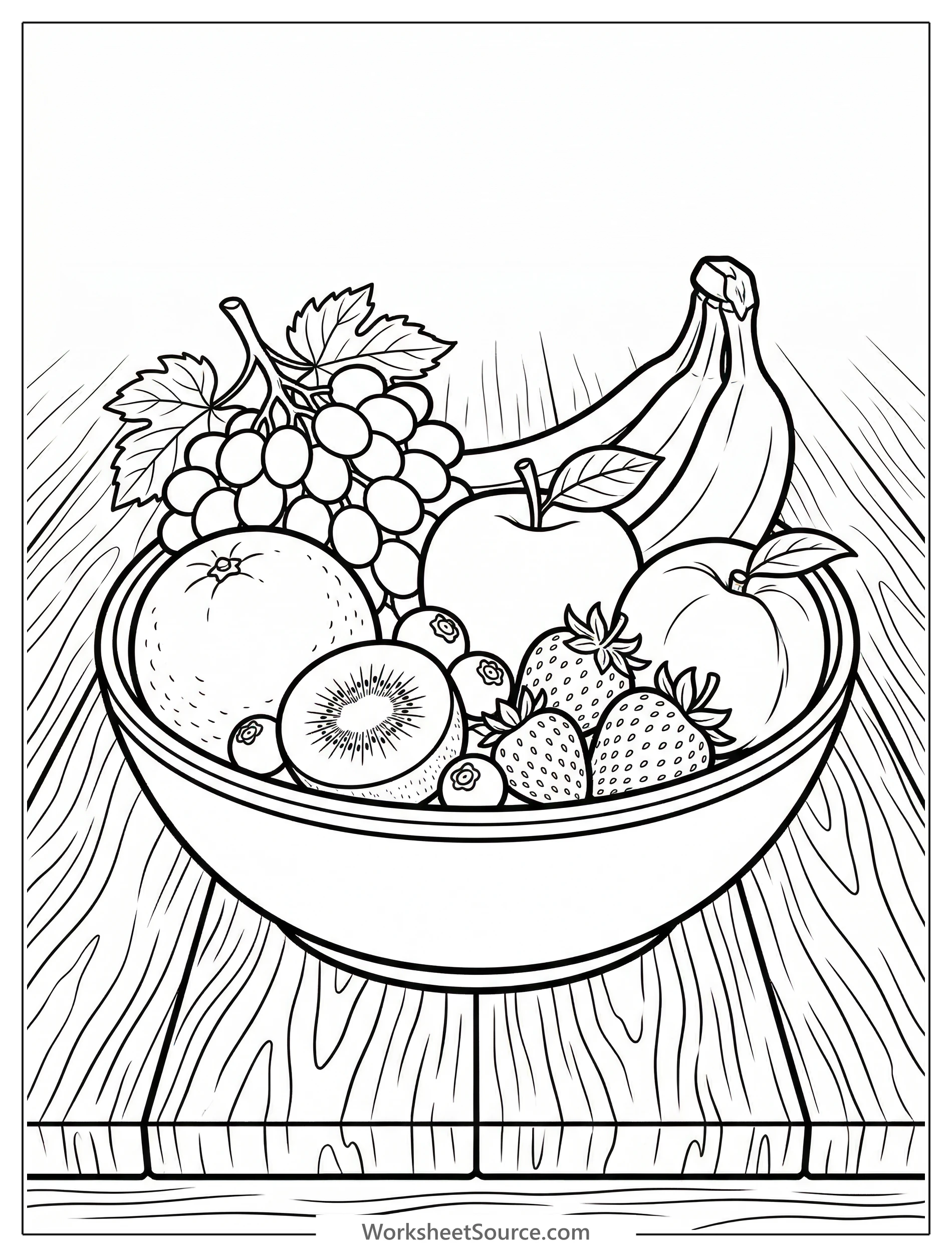 Lofi aesthetic coloring page: a ceramic bowl overflowing with assorted fresh fruit, including apples, oranges, and bananas, rests on a textured wooden table.