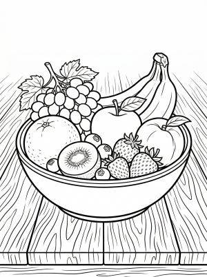 Lofi aesthetic coloring page: a ceramic bowl overflowing with assorted fresh fruit, including apples, oranges, and bananas, rests on a textured wooden table.