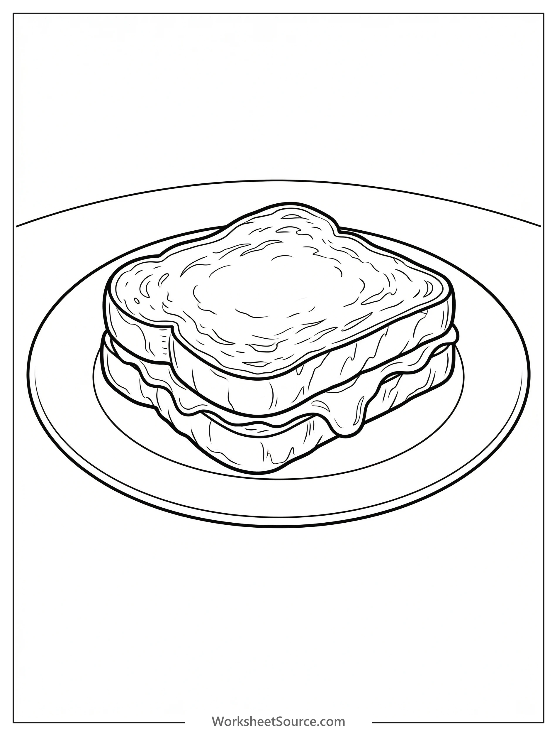A beautifully rendered line art illustration of a golden grilled cheese sandwich on a round plate, perfect for adult and teen coloring.