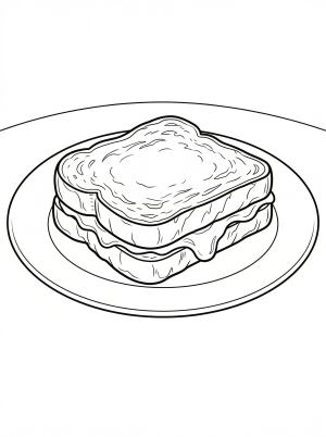 A beautifully rendered line art illustration of a golden grilled cheese sandwich on a round plate, perfect for adult and teen coloring.