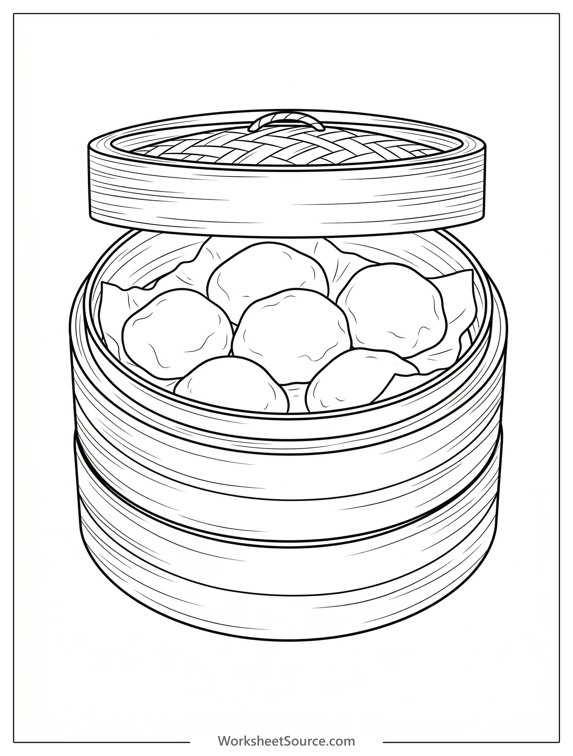A serene lofi aesthetic coloring page depicting a bamboo steamer filled with soft pastel colored mochi, ready for mindful artistic expression and relaxation.