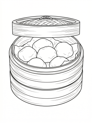 A serene lofi aesthetic coloring page depicting a bamboo steamer filled with soft pastel colored mochi, ready for mindful artistic expression and relaxation.