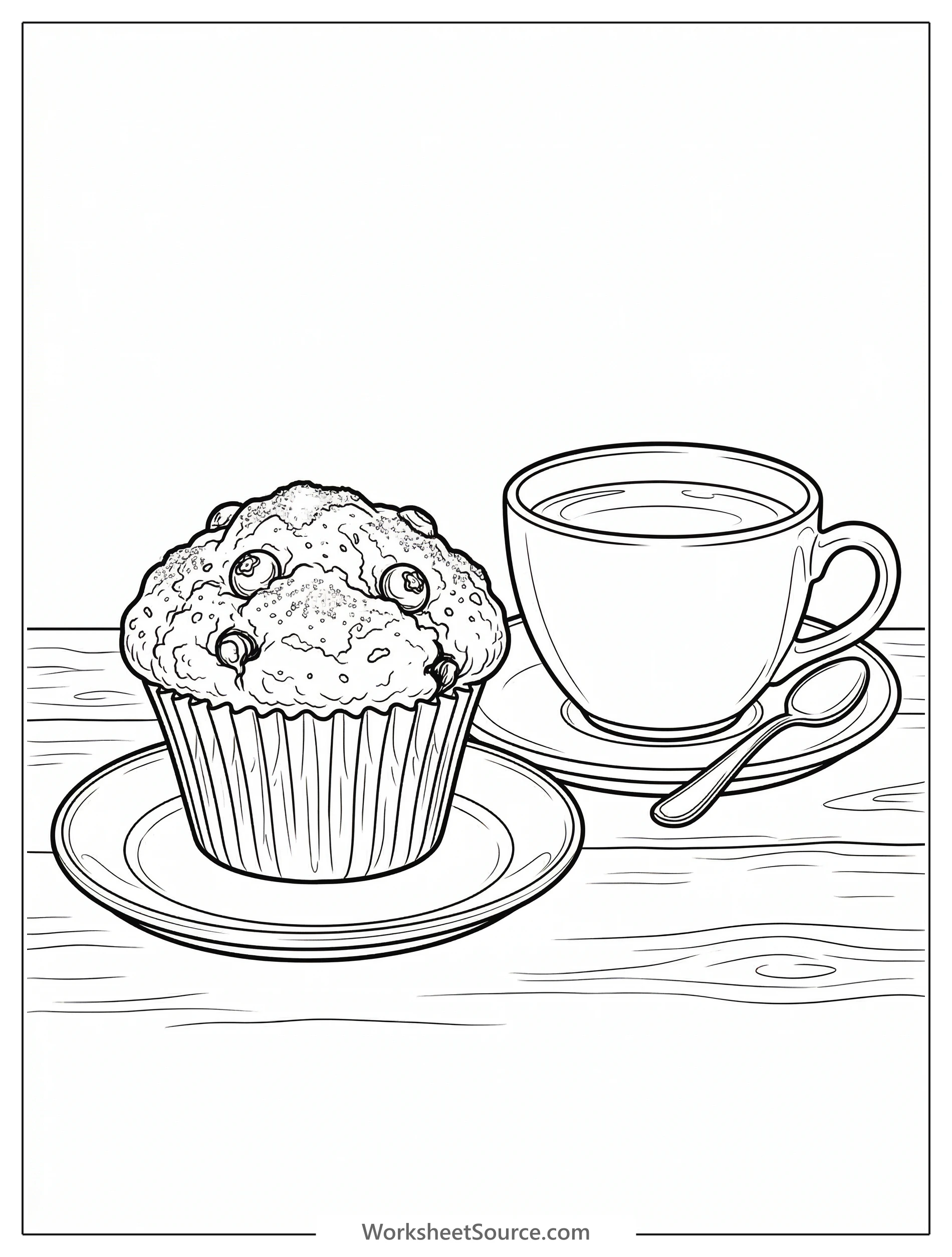 Illustration of a steaming cup of tea next to a blueberry muffin on a saucer, rendered in a calming lofi aesthetic style, ideal for coloring and relaxation.