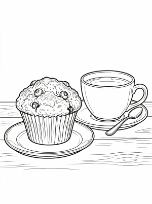 Illustration of a steaming cup of tea next to a blueberry muffin on a saucer, rendered in a calming lofi aesthetic style, ideal for coloring and relaxation.