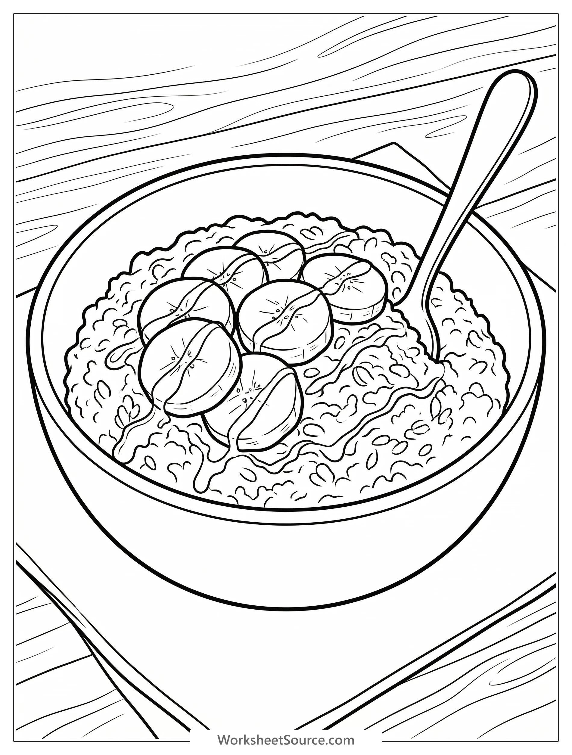 Lofi aesthetic coloring page featuring a cozy bowl of oatmeal topped with sliced bananas and a drizzle of honey, set on a simple surface.