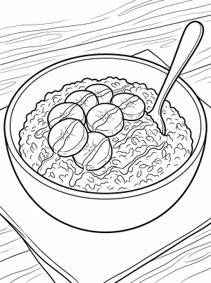Lofi aesthetic coloring page featuring a cozy bowl of oatmeal topped with sliced bananas and a drizzle of honey, set on a simple surface.