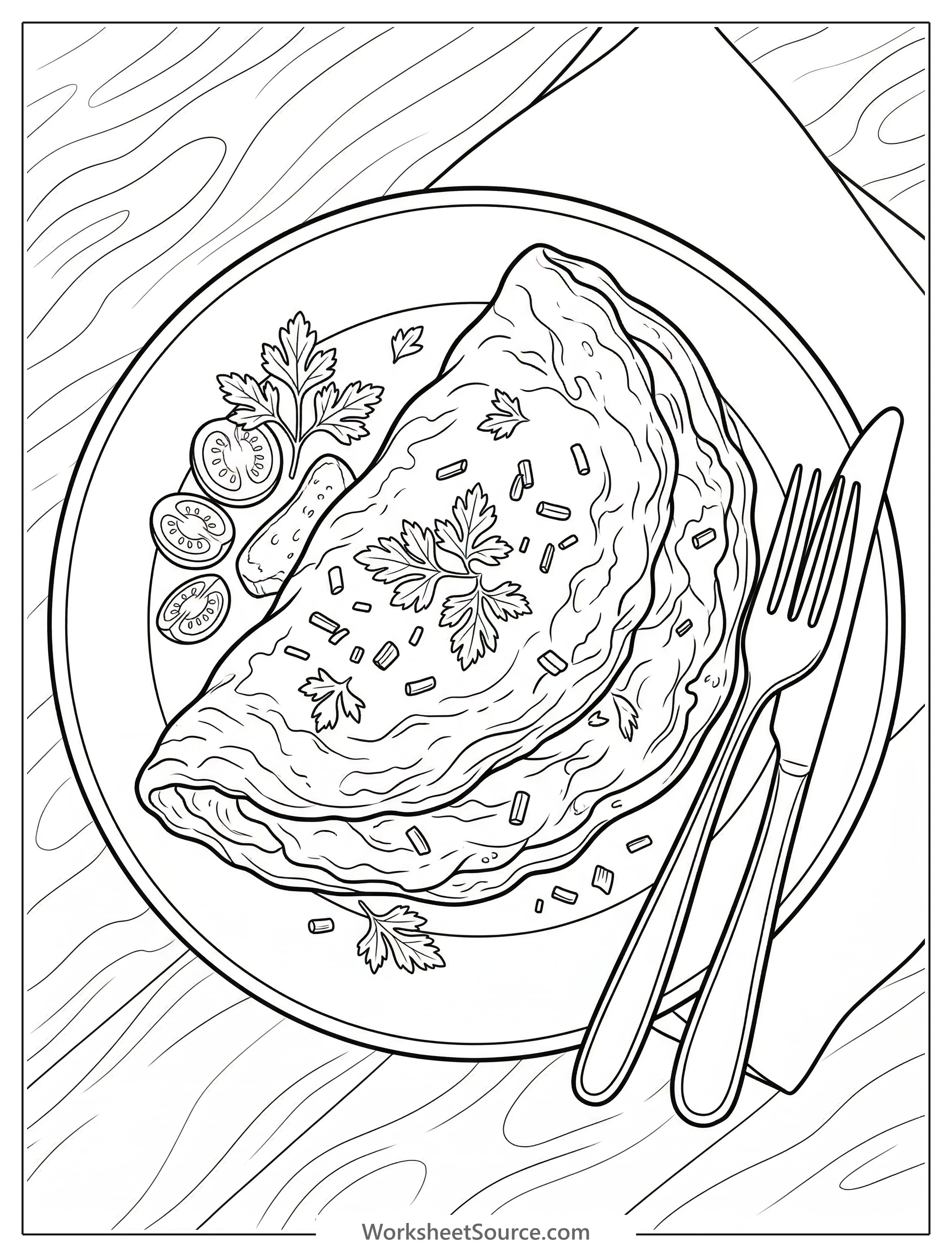Detailed coloring page featuring a fluffy, perfectly cooked omelette resting on a white plate, garnished with fresh herbs, presented in a soothing Lofi aesthetic style.