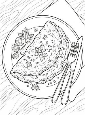 Detailed coloring page featuring a fluffy, perfectly cooked omelette resting on a white plate, garnished with fresh herbs, presented in a soothing Lofi aesthetic style.