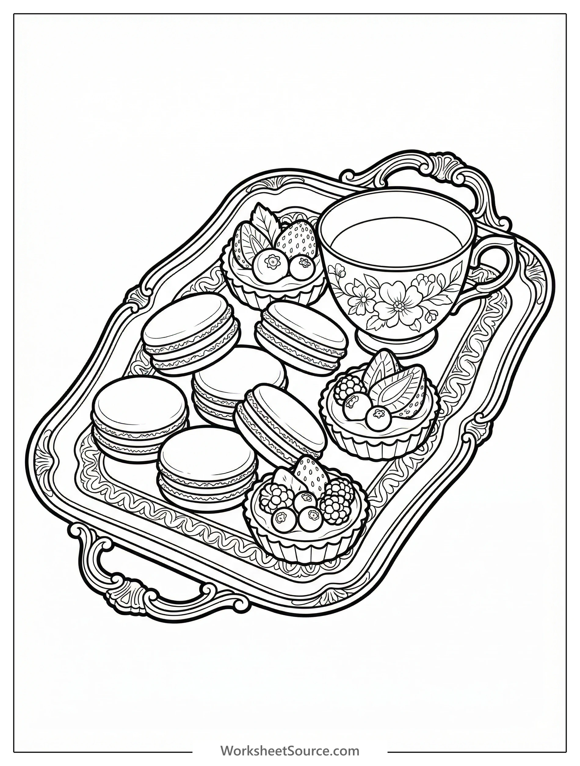 A charming lofi aesthetic coloring page featuring a tray filled with various delicate macarons and tempting fruit tarts, perfect for detailed coloring.