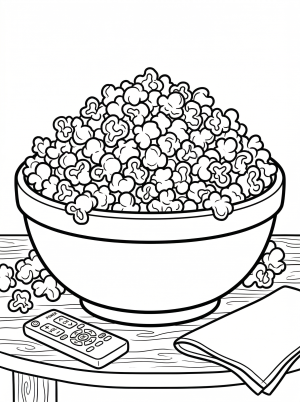 An overflowing bowl of fluffy popcorn, rendered in a calming lofi aesthetic style, ready for a cozy movie night. Detailed lines for mindful coloring.