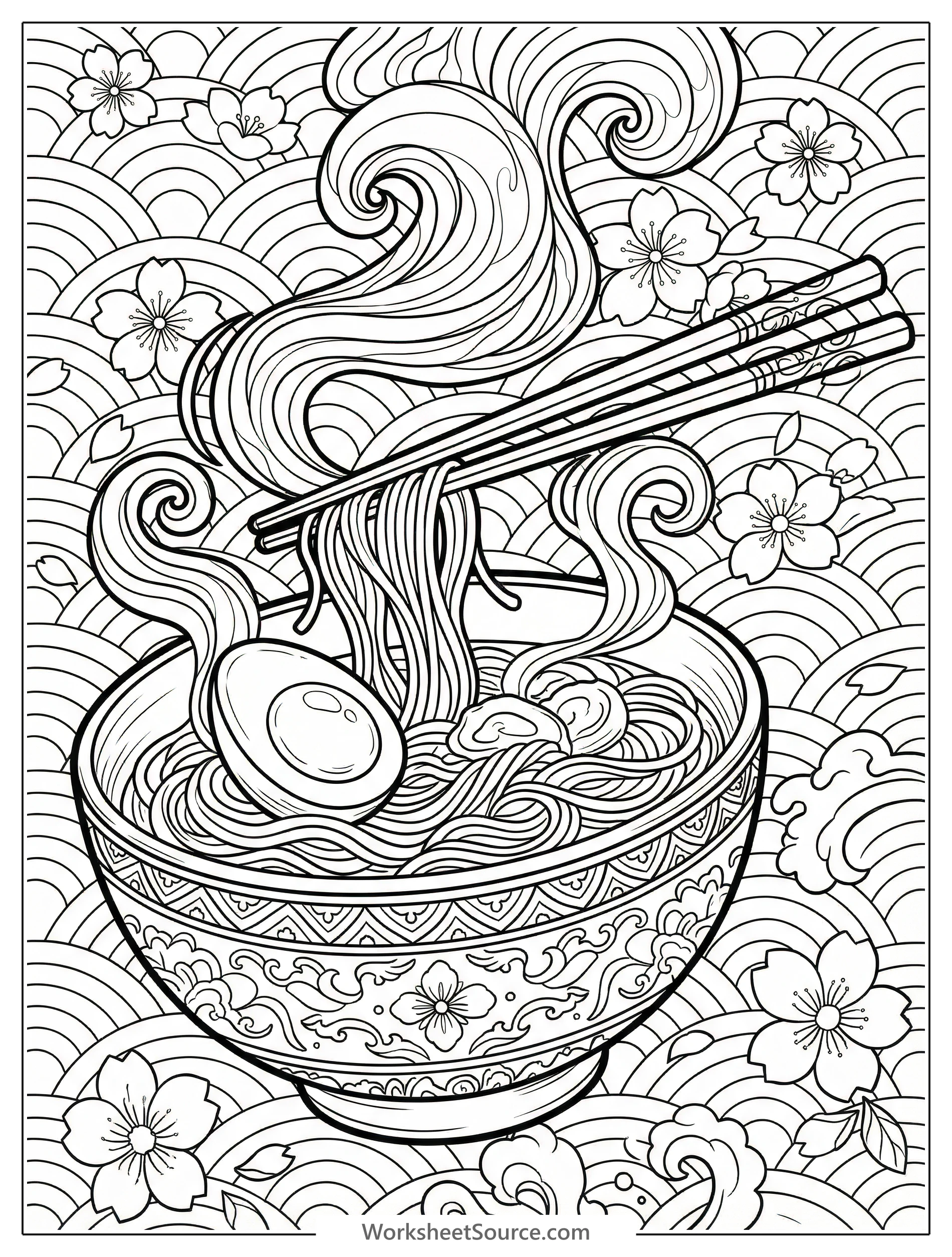 Lofi aesthetic coloring page featuring a steaming bowl of ramen with chopsticks, a soft boiled egg, nori, and delicate steam lines, ready for artistic expression.