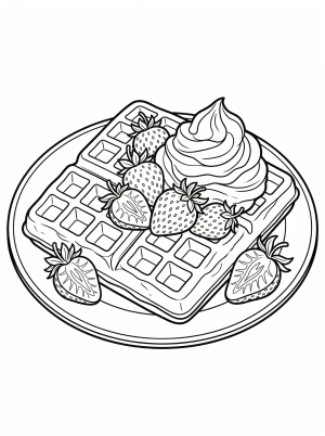 Detailed coloring page featuring a Belgian waffle topped with fresh strawberries and a generous dollop of whipped cream, presented in a lofi aesthetic style.