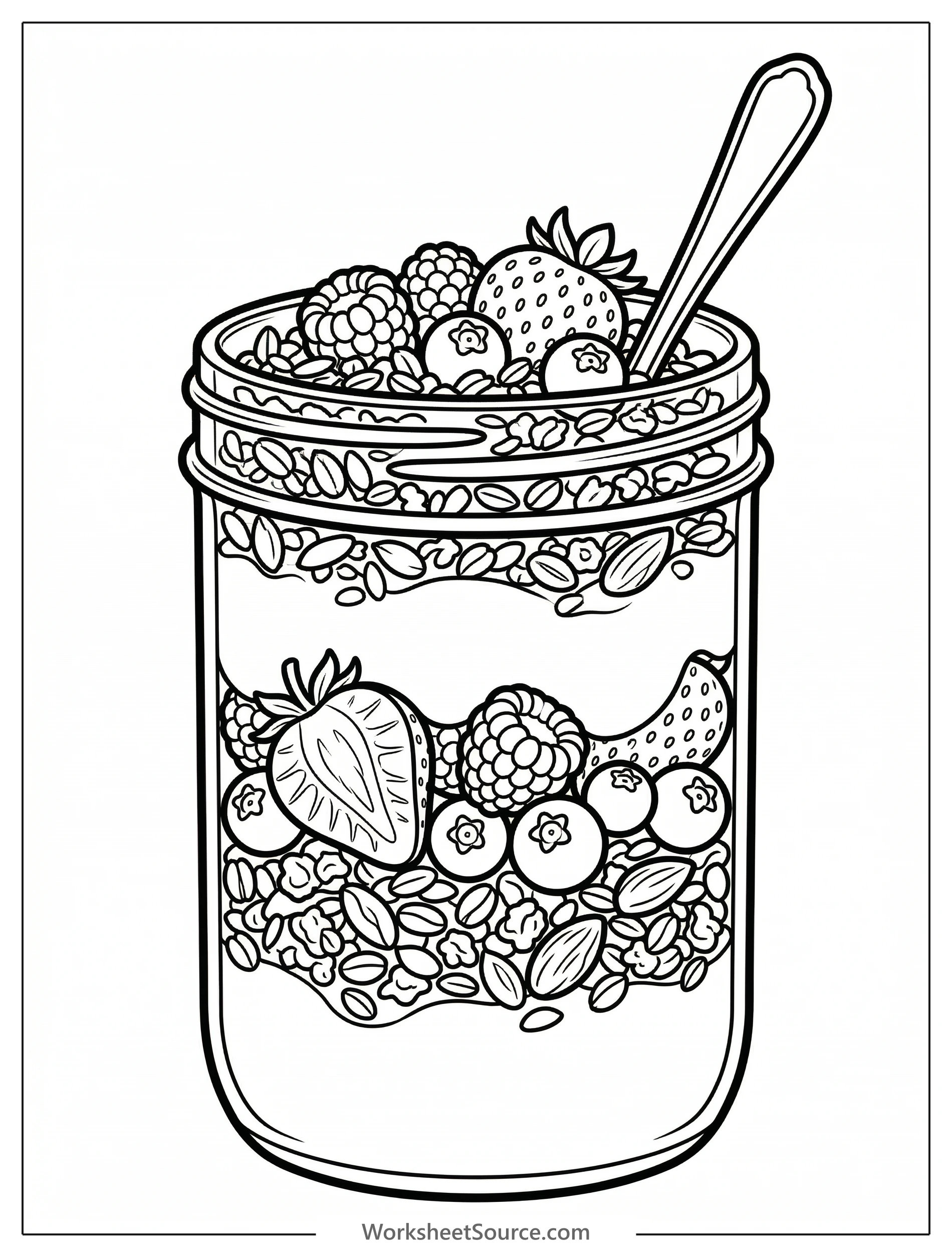 A detailed coloring page illustration of a layered yogurt parfait, featuring distinct layers of yogurt, granola, and fresh berries, presented in a lofi aesthetic style.