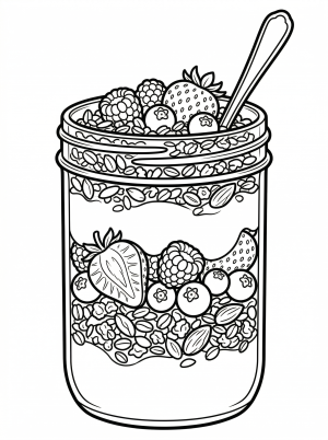 A detailed coloring page illustration of a layered yogurt parfait, featuring distinct layers of yogurt, granola, and fresh berries, presented in a lofi aesthetic style.