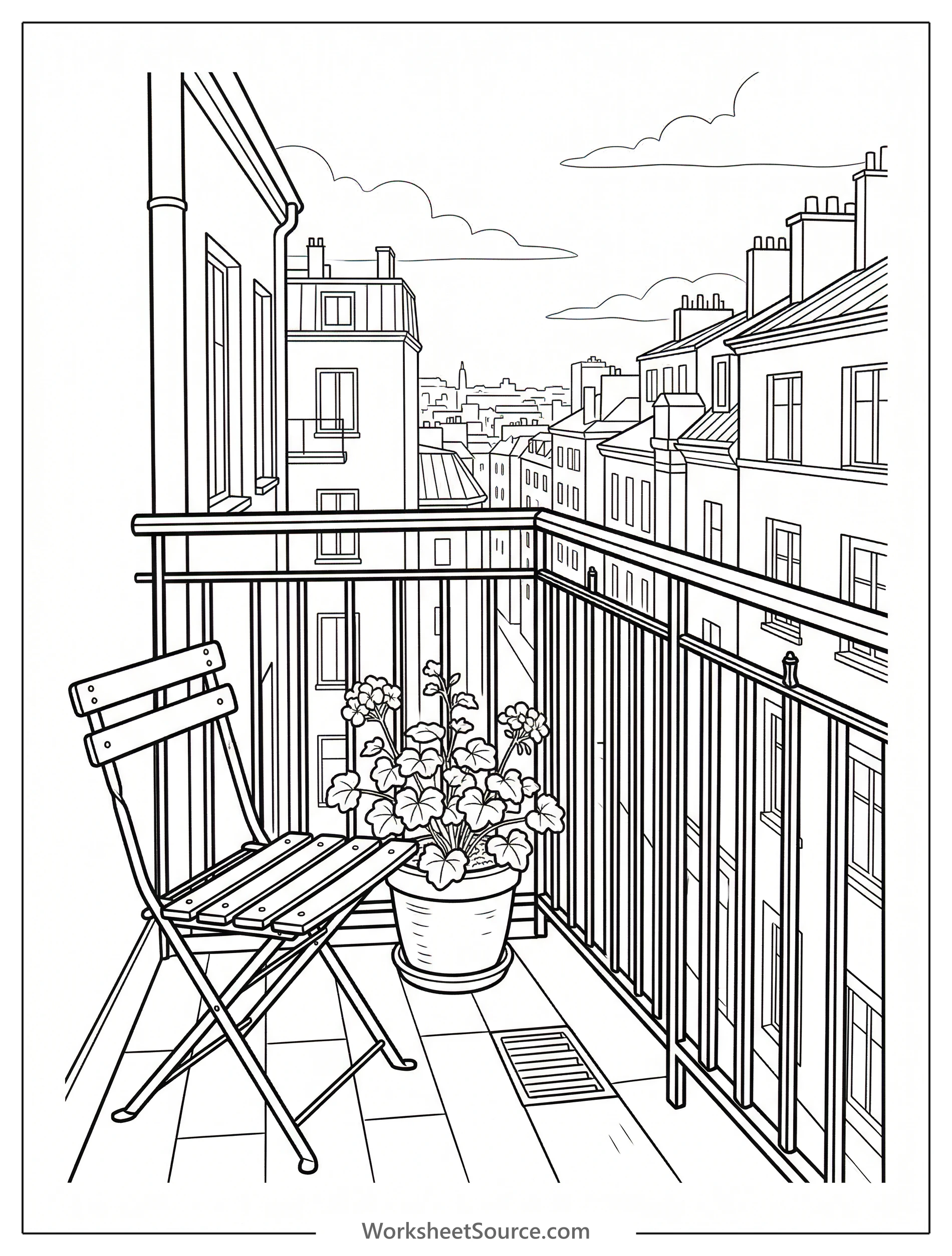 A lofi aesthetic coloring page showing a tiny apartment balcony with a single chair, a potted plant, and a stylized city skyline in the background.