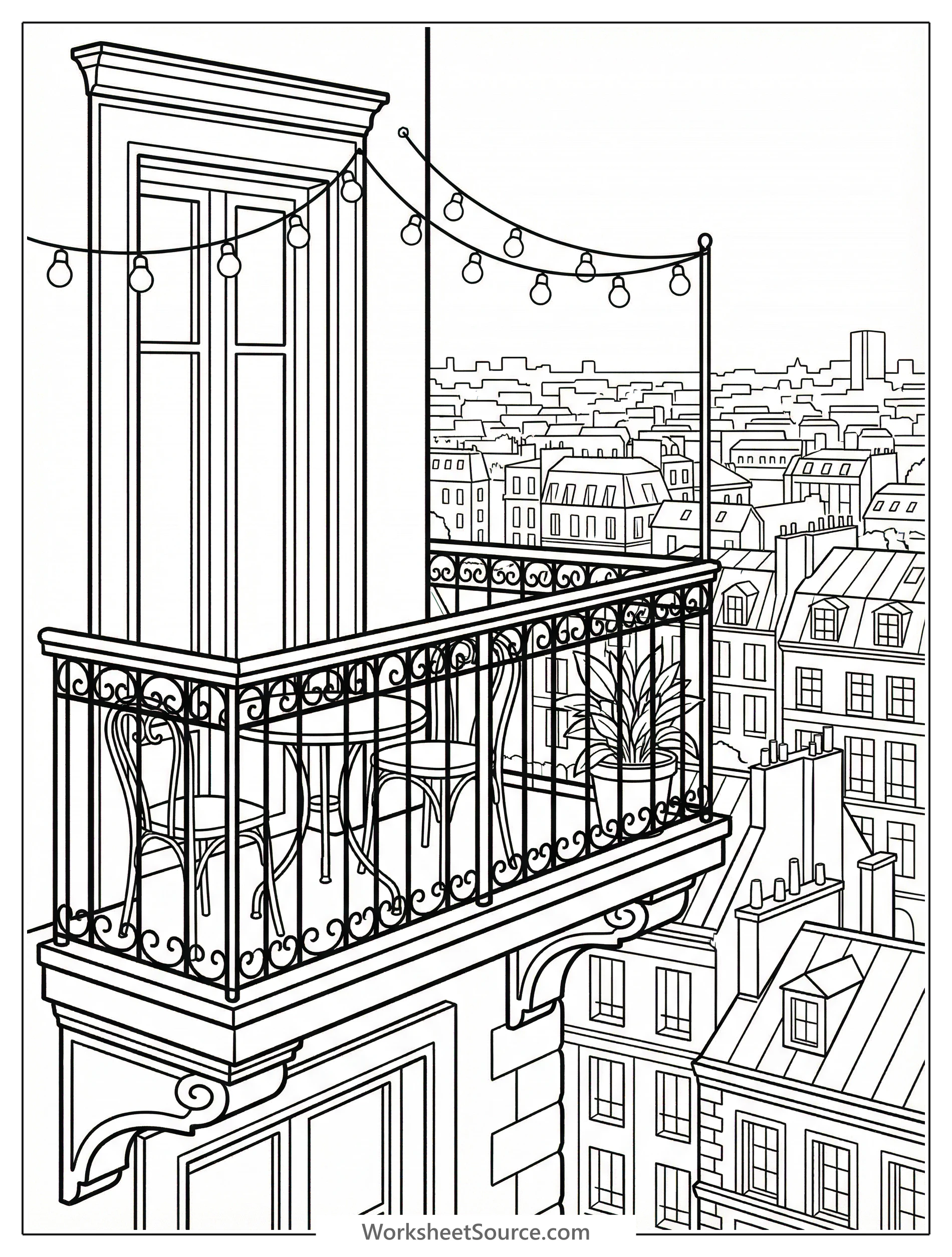 Lofi aesthetic coloring page of a cozy balcony with a bistro set, glowing string lights, and a detailed city view in the distance, ideal for mindful art.