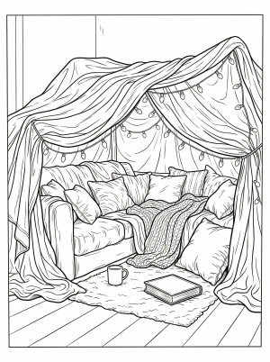 Detailed coloring page featuring a cozy blanket fort adorned with soft pillows, lush blankets, and delicate string lights creating a warm, inviting Lofi aesthetic scene.
