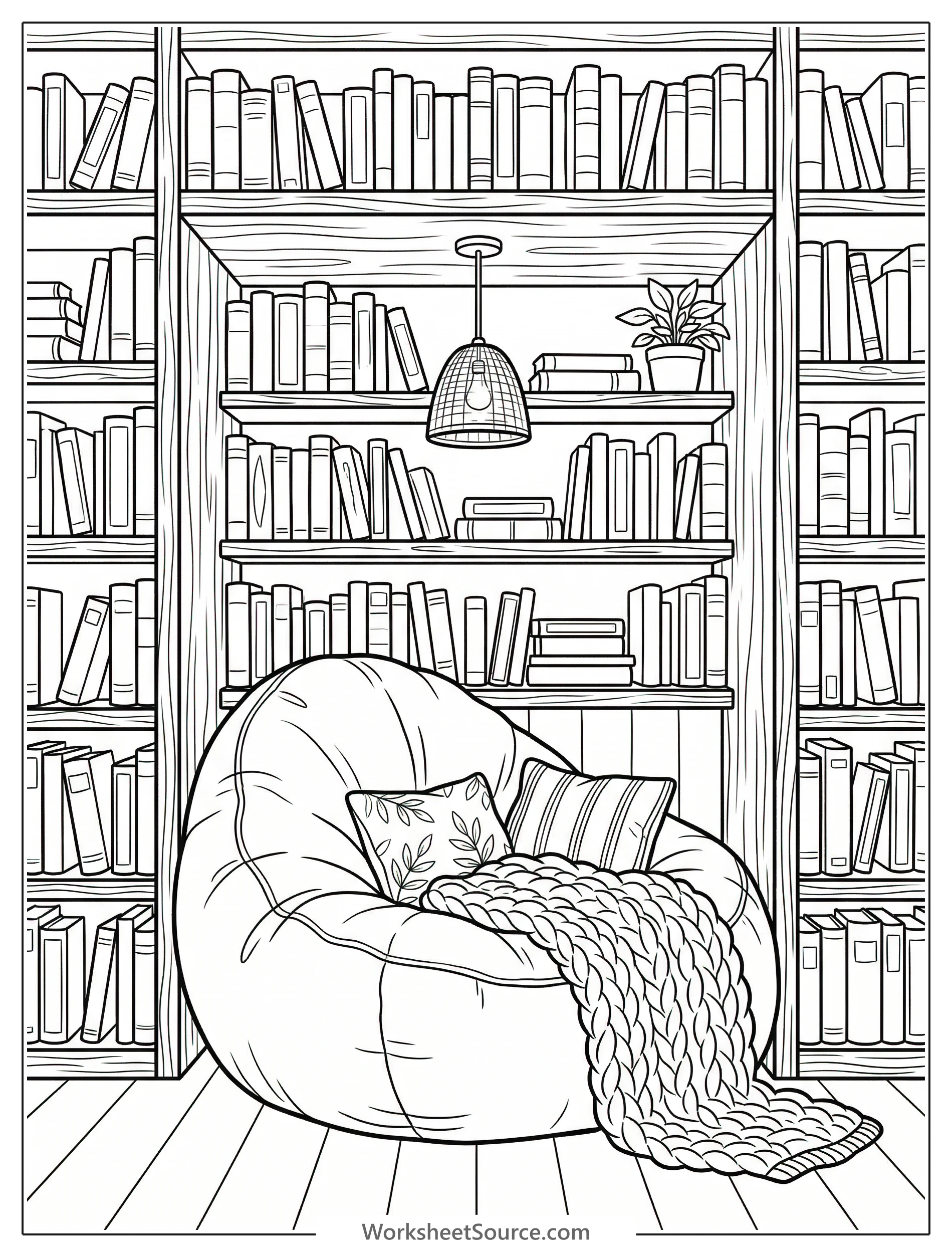 Cozy reading nook built into an expansive wall of bookshelves, featuring a plush bean bag chair, perfect for quiet contemplation and relaxation.