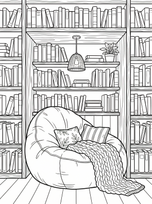 Cozy reading nook built into an expansive wall of bookshelves, featuring a plush bean bag chair, perfect for quiet contemplation and relaxation.