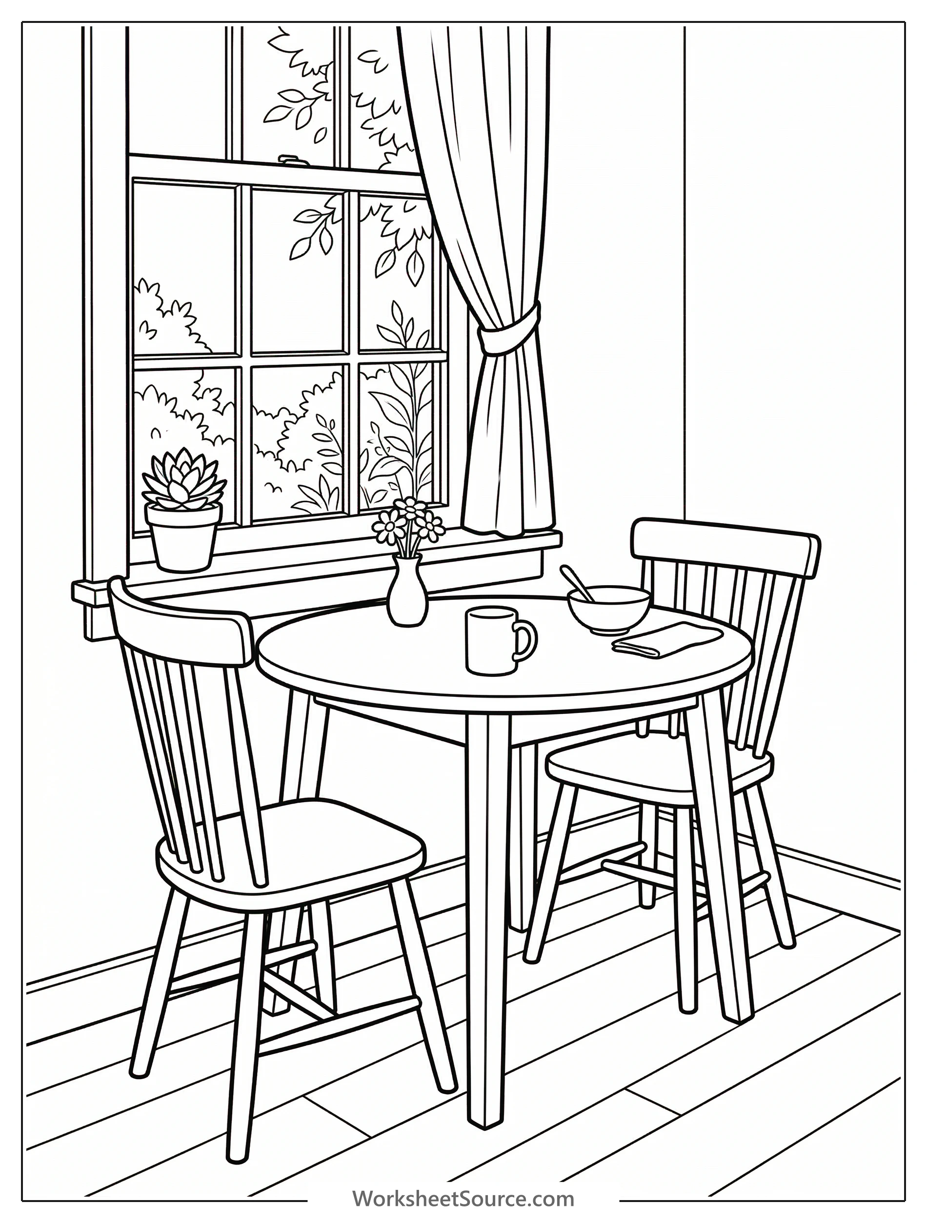 A charming small breakfast nook with a round table by a window, bathed in soft morning light. The scene features minimalist lofi aesthetic details.