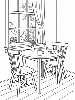 A charming small breakfast nook with a round table by a window, bathed in soft morning light. The scene features minimalist lofi aesthetic details.