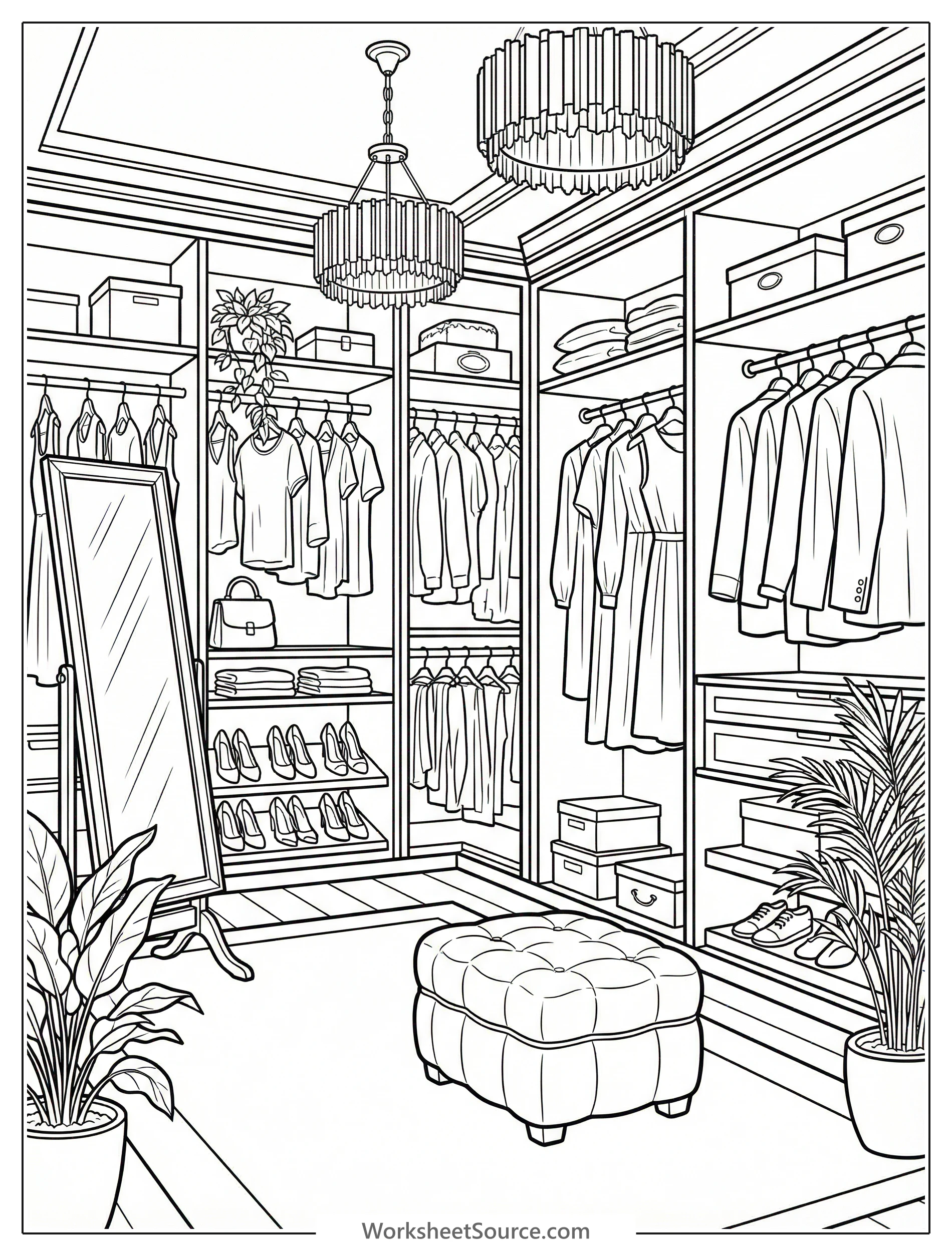 Lofi aesthetic coloring page featuring an organized walk-in closet with neatly arranged clothes, shoes, and a full-length mirror. Relaxing interior scene.