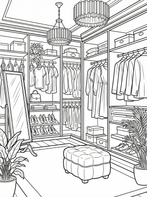 Lofi aesthetic coloring page featuring an organized walk-in closet with neatly arranged clothes, shoes, and a full-length mirror. Relaxing interior scene.