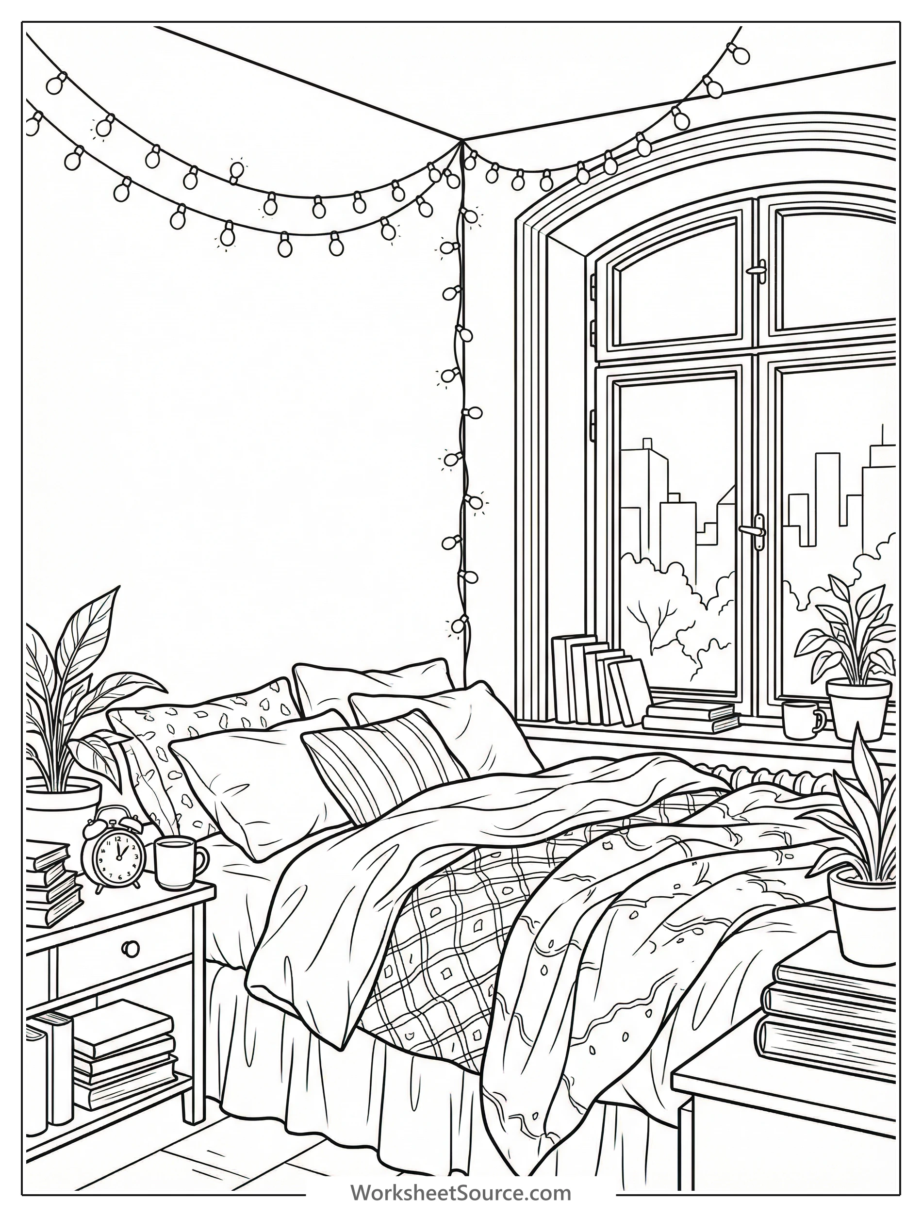 Line art of a lofi aesthetic bedroom with string fairy lights, a casually messy bed, and a window offering a serene view for coloring.